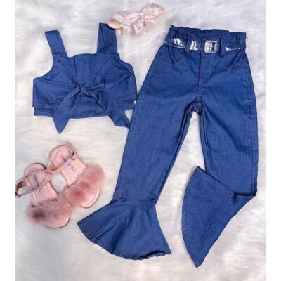 

US Stock Summer Newborn Baby Girl Ruffled Tops Denim Bell-bottoms Long Pants Set