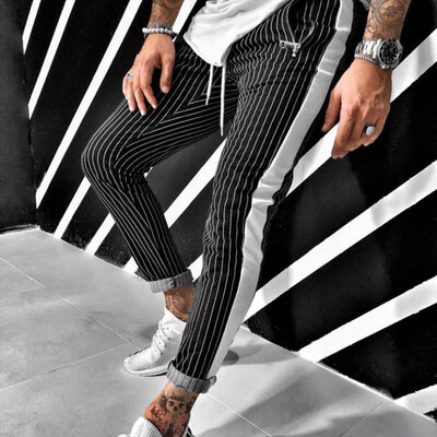 

Gobestart Mens Slim Casual Stripe Print Drawstring Elastic Waist Long Pants Trousers