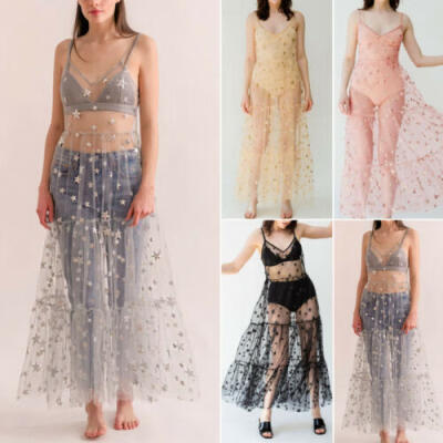 

UK Womens Mesh Sheer Sling Bikini Cover Up Casual Star Long Dress Summer Beach