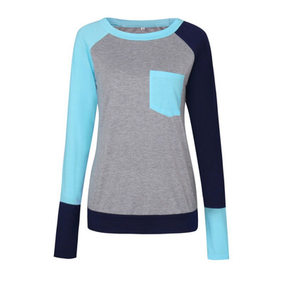 

Female O-Neck Long Sleeve Casual Simple T Shirts Pocket Patchwork Tops Spring Autumn Women Cotton Slim T-Shirts Tees