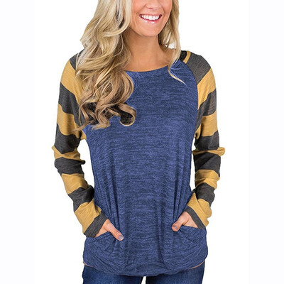 

Tailored Women Casual Stripe Patchwork Long Sleeve Loose Pullover Tops Blouse