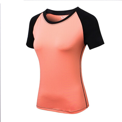 

Womens yoga tight short sleeve fitness running exercise training speed dry stretch matching color round neck T-shirt