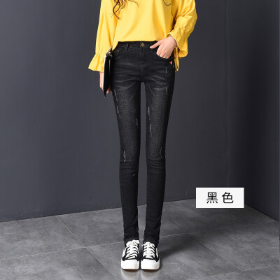 

High-waisted skinny jeans womens feet 2019 fall the new Korean version is thin elastic&large black trousers