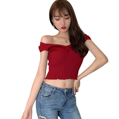

Solid Color Long Sleeve T Shirt Women Sexy V Neck Crop Top Tees White Black Korean Casual Women T-shirt