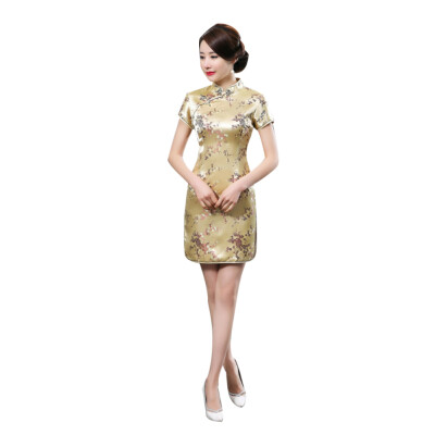 

Chinese Women Plum Blossom Bridesmaid Short Sleeve Split Mini Evening Dress