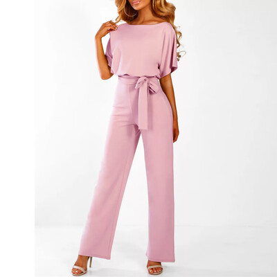 

Starmoon Women Short Sleeve Playsuit Clubwear Straight Leg Jumpsuit With Belt BKXXL