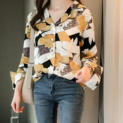

Starmoon Fashion Women Top Chic Lapel Shirt Printing Long Sleeve Loose Blouse