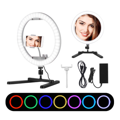 

13 Inch Selfie Desktop LED Ring Light RGB Color Light 35W Dimmable Fill Light 3200K-7000K with Mirror Table Bracket Stand Phone Ho