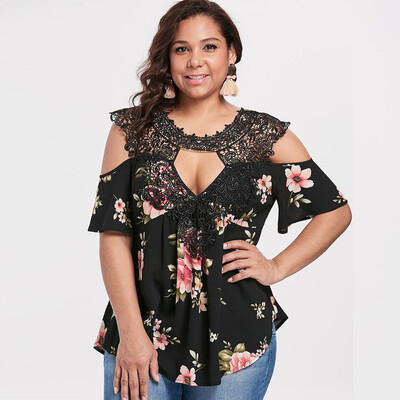 

Roseonmyhand Summer Womens Fashion Casual Print Lace V-Neck Tops Shirt