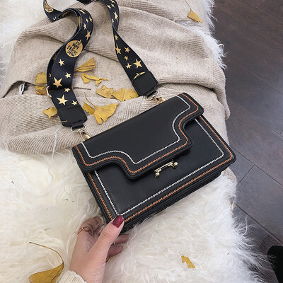 

Qiao Bani 2019 new Korean chic fashion embroidery line hit color ribbon wild small square bag shoulder diagonal female bag