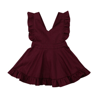 

Lovely Summer Fashion Baby Girls Casual Cotton V-neck Dress Kids Sleeveless Wine Red Princess Dress