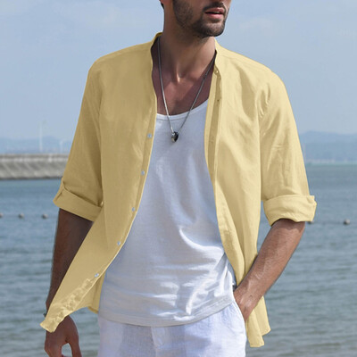 

Toponeto Mens Baggy Linen Blend Solid Color Three Quarter Sleeve Stand Collar Shirts