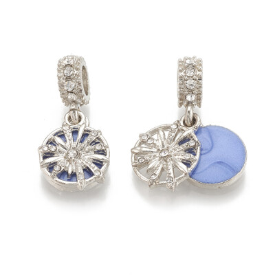 

Alloy European Dangle Beads with Rhinestone&Enamel Large Hole Pendants Flat Round CornflowerBlue Platinum 255mm