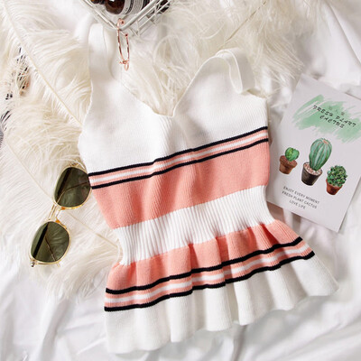 

New Contrast Striped Tank top Camisole Vest Sweater Camisole Tops Womens High Waist Ruffled Camisole top femme