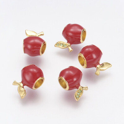 

Alloy Enamel European Beads Large Hole Beads with Rhinestone Apple Golden Red 14x10x9mm Hole 45mm