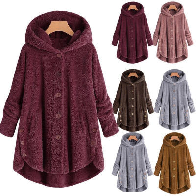 

Women Casual Teddy Bear Hooded Coat Ladies Fleece Button Outwear Jacket Overcoat