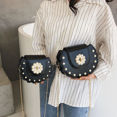 

Mom&Kid Crossbody Bag Summer Chains Female 2019 New Girls Pearl Saddle Shoulder Handbag Fashion PU Cute Women Messenger Bag