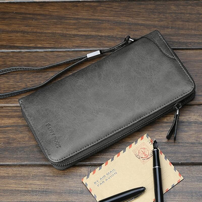 

Men Long Wallet PU Leather Sling Zipper Interior Pocket Multifunctional Solid Color Fashion Purse Handbag