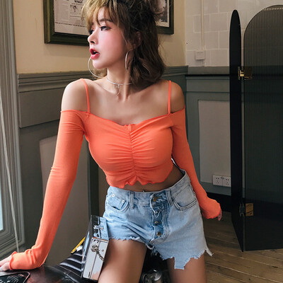 

Womens Basic Tee Sexy Off Shoulder Slash Neck T-Shirt Long Sleeve Spaghetti Strap Crop Top Tee Casual Clubwear