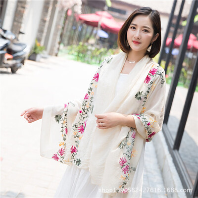 

2018 explosion models autumn&winter flowers embroidery cotton&linen scarf bib literary national wind embroidery sunscreen shawl scarves