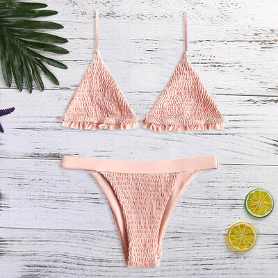 

Saidsome Women Solid Pleated Bandage Two Pieces Bikini Swimsuit BathingSuit Beachwear