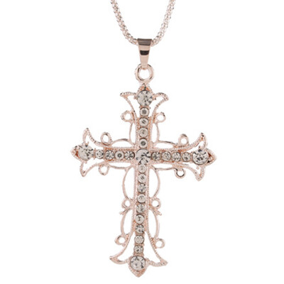

Female Creative Chain Rose Gold Cross Necklace Crystal Pendant Sweater Chain
