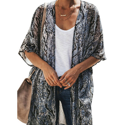 

New Women Chiffon Cardigan Snake Skin Print 34 Sleeve Loose Kimono Outerwear Beach Cover Up Black