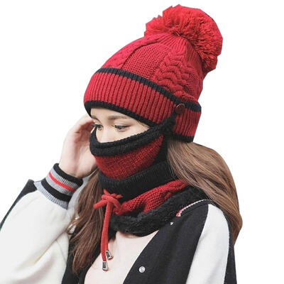 

Three-Piece Fashion Thicken Woolen Women Winter Beanie Neck Scarf with Mask