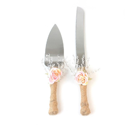 

Stainless Steel Wedding Cake Knife & Server Set Burlap Twine Handle with Artificial Flower Cake Cutlery for Wedding Anniversary Bi