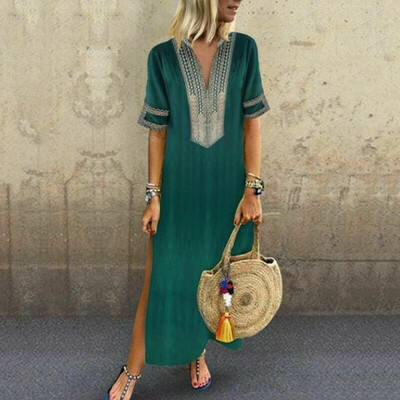 

New Womens Sleeveless Boho Party Casual Linen Kaftan Maxi Dress Long Dresses