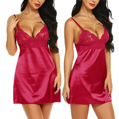 

Women Sexy-Lingerie Sleepwear Satin Silk Babydoll Lace Nightwear Pajamas Set
