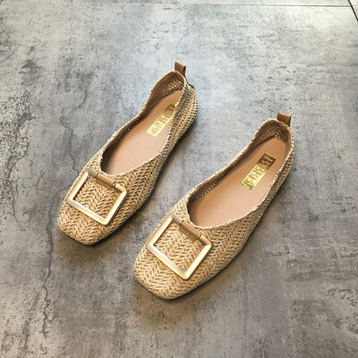 

Small fresh shoes women fall fashion flat sole metal buckle bow straw grandma shoes tide