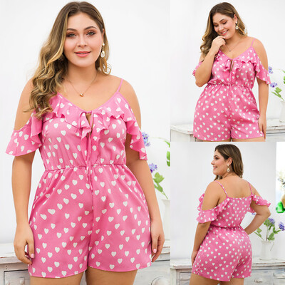 

Starmoon Womens Plus Size Casual Sling Ruffled Openwork Lace Heart Print Shorts Jumpsuit