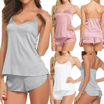 

Womens Silk Satin Nightie Lingerie Sleepwear Ladies Pyjamas Set Sexy Top Pant