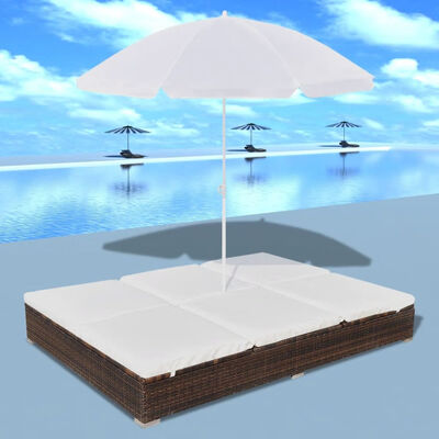 

Outdoor Lounge Bed with Umbrella Poly Rattan Brown