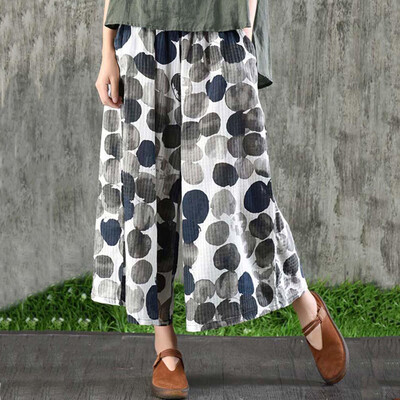 

Tailored Fashion Women Polka Dot Printed Pockets Wide Leg Loose Calf-Length Trouser Pants