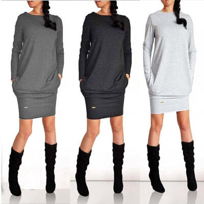 

Womens Winter Sweatshirt Dress Ladies Hoodie Pullover Jumper Pockets Sweater Top