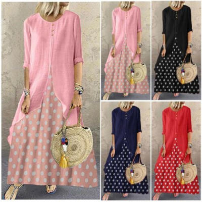 

5XL Womens Holiday Loose Button Front Ladies Long Maxi Kaftan Boho Dress Tops