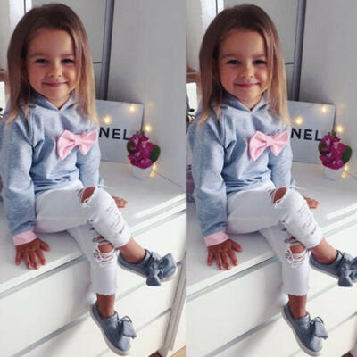 

Toddler Baby Girl Outfit T shirt Bowknot Hoodie TopHole Denims Kids Clothes Set