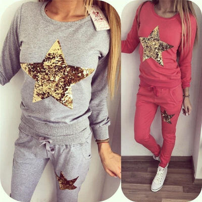 

2Pcs Womens Hoodies Sport Sequin Tops Pants Tracksuit Sweat Suit Jogging Set