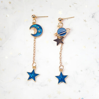 

1 Pair Fashion Blue Star Moon Star Stud Earrings For Women Gold Color Universe Planet Circle Asymmetry Long Earrings