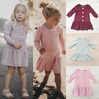 

Cotton Kids Baby Girls Button Dress Ruffle Long Sleeve Party Tutu Dress Clothes