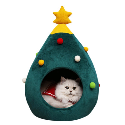 

Soft Comfortable Cat Cave Bed Christmas Tree Shape Semi-Closed Pet Nest House Winter Warm Sleeping Bed Puppy Mat