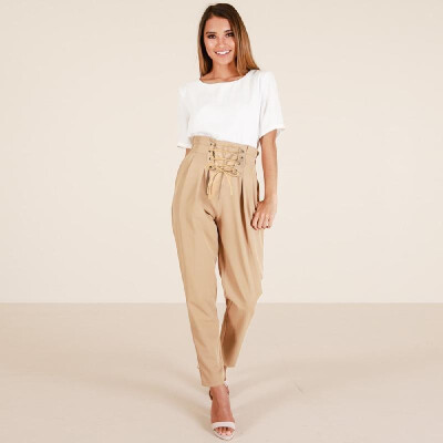 

New Fashion Women Pencil Pants Lace Up Front Side Pockets Ruched High Waist Solid Color Summer Trousers