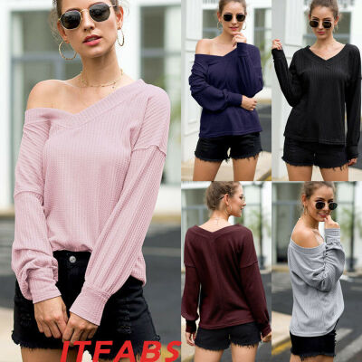 

Women Casual Summer Solid Lantern Long Sleeves V-Neck Tops T-Shirt Blouse -2XL