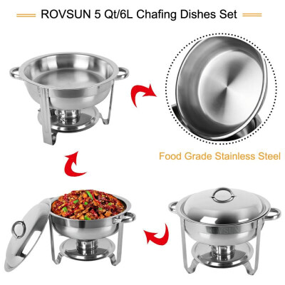 

Set of 6 Round Chafing Dish 5 Quart Stainless Steel Tray Buffet Catering Dinner Serving Buffer Warmer Set