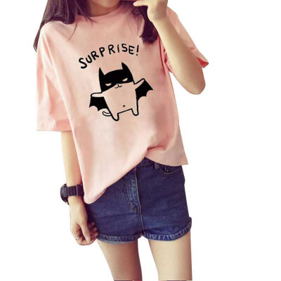 

Print Women Summer Casual T-Shirt Lovely O-Neck Bat Printed Short Sleeve Tops Fashion