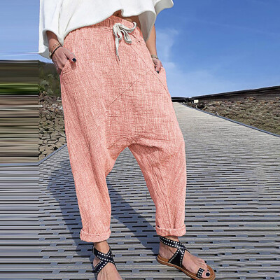 

Women Plus Size Pure Color Pocket Wide Leg Pants Cotton Linen Trousers