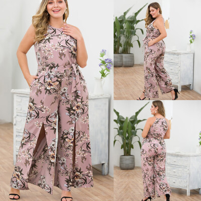 

Starmoon Women Plus Size Sleeveless Suspender Pocket Split Wide Leg Print Jumpsuit