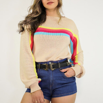 

Tailored Womens Casual Long Sleeve Crewneck Multi Color Striped Knitted Pullover Sweater
